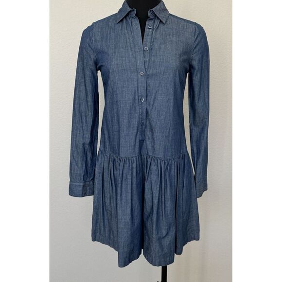 BCBG MaxAzria Shirt Dress XXS Mariela Blue Chambray Button Front Drop Waist Boho - Picture 1 of 4